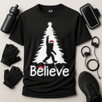 Believe Bigfoot Christmas Yetti Funny Xmas Tree Sasquatch Cooling Performance Crew T-Shirt