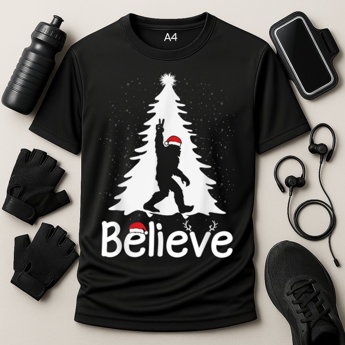 Believe Bigfoot Christmas Yetti Funny Xmas Tree Sasquatch Cooling Performance Crew T-Shirt