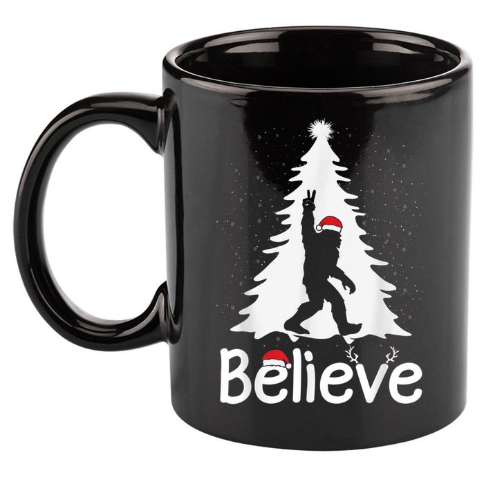 Believe Bigfoot Christmas Yetti Funny Xmas Tree Sasquatch 11oz C Handle Ceramic Mug