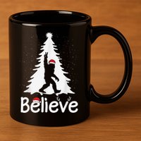 Believe Bigfoot Christmas Yetti Funny Xmas Tree Sasquatch 11oz C Handle Ceramic Mug