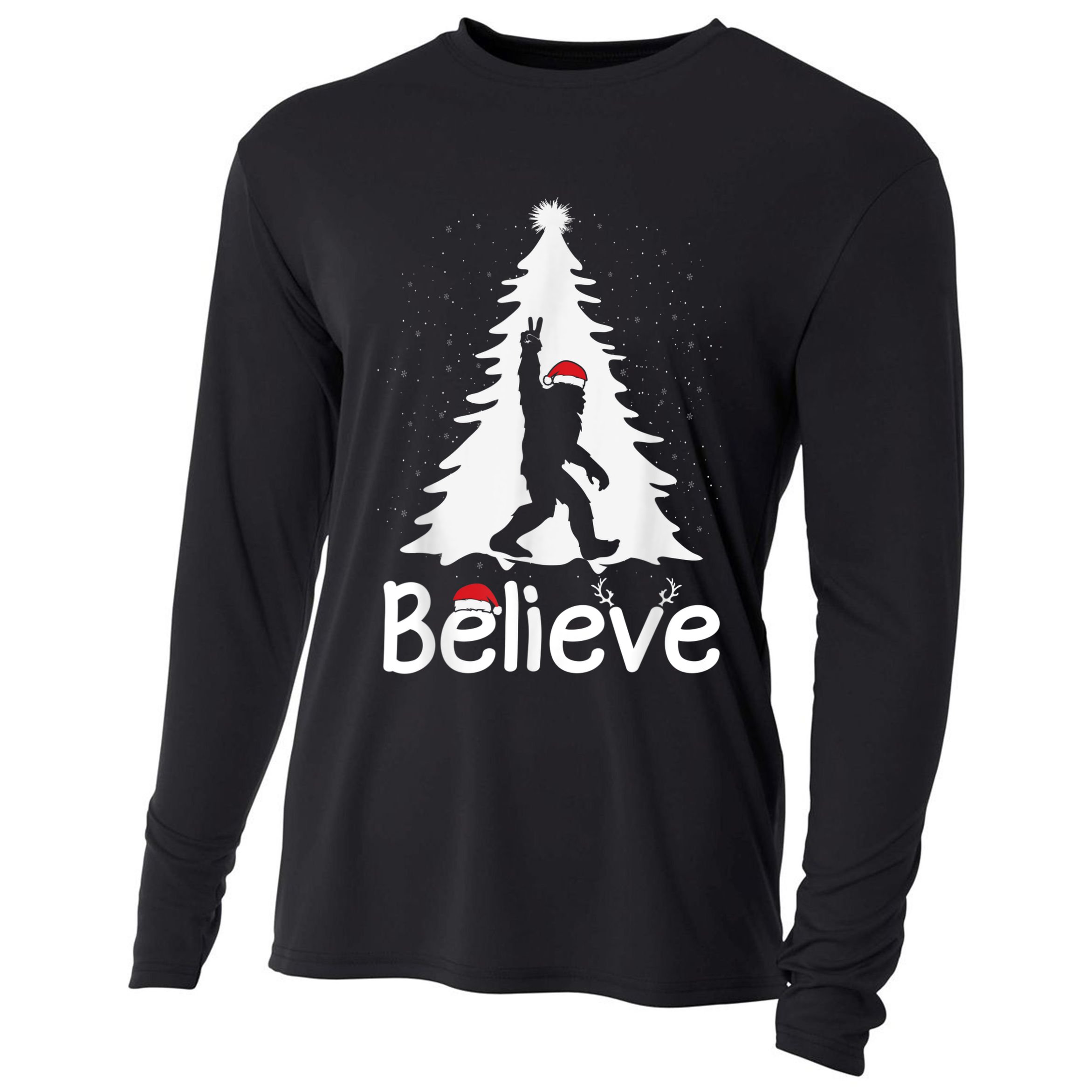 Believe Bigfoot Christmas Yetti Funny Xmas Tree Sasquatch Cooling Performance Long Sleeve Crew