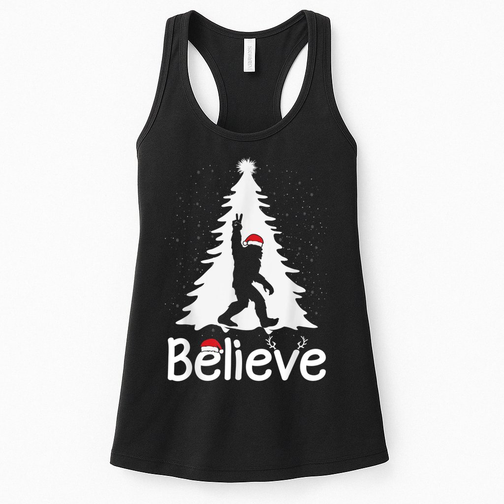 Believe Bigfoot Christmas Yetti Funny Xmas Tree Sasquatch Womens Tank Top