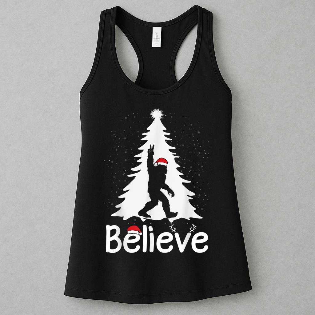 Believe Bigfoot Christmas Yetti Funny Xmas Tree Sasquatch Womens Tank Top