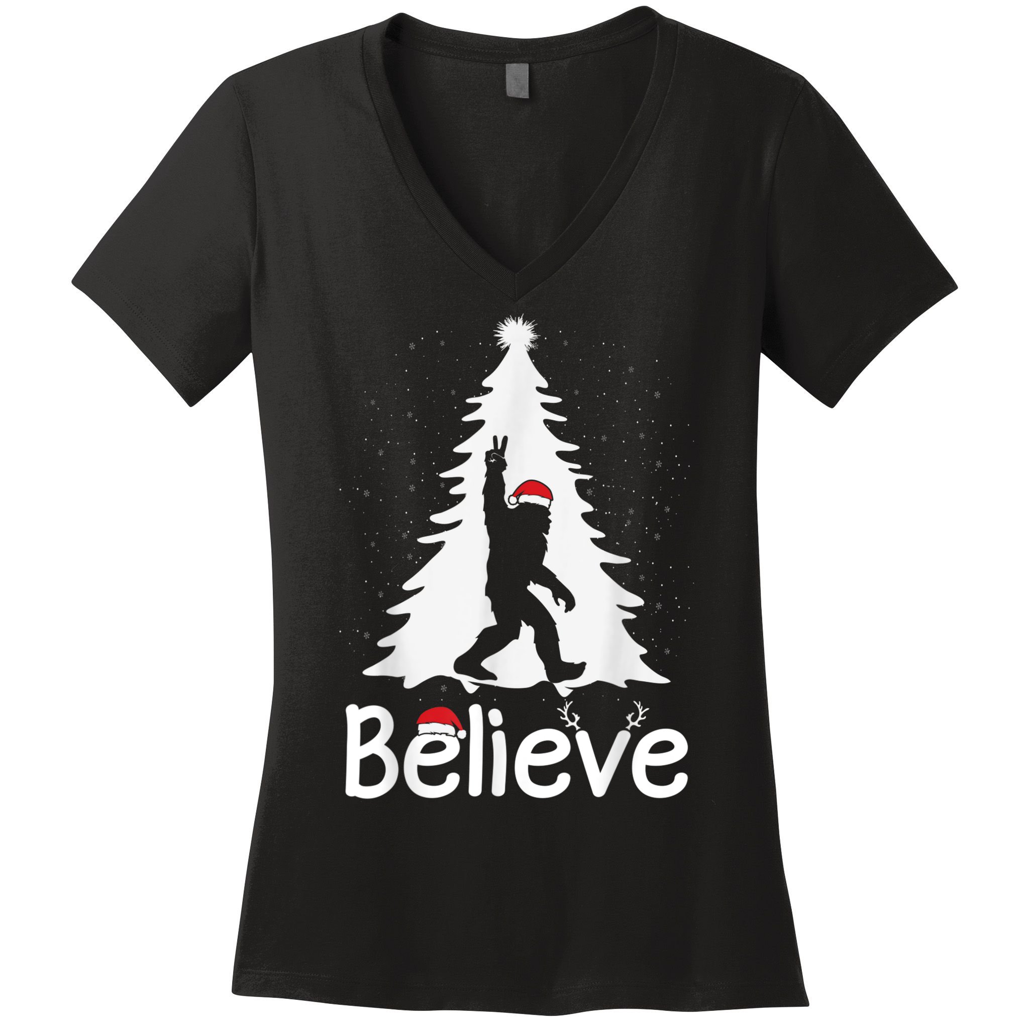 Believe Bigfoot Christmas Yetti Funny Xmas Tree Sasquatch Women's V-Neck T-Shirt
