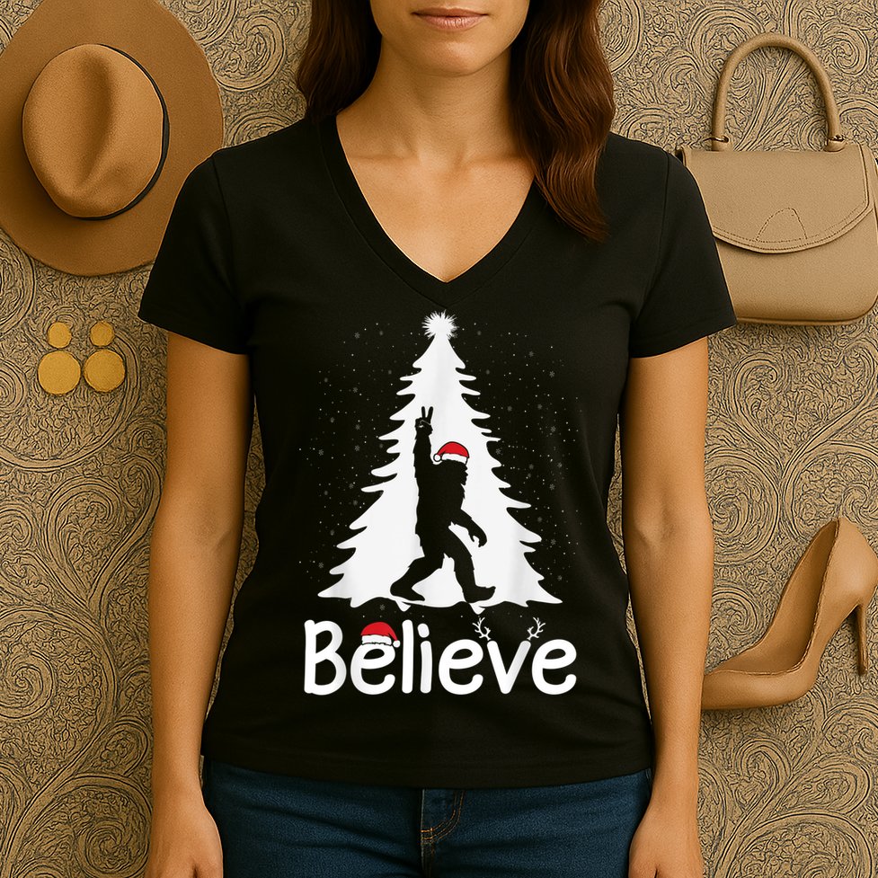 Believe Bigfoot Christmas Yetti Funny Xmas Tree Sasquatch Women's V-Neck T-Shirt