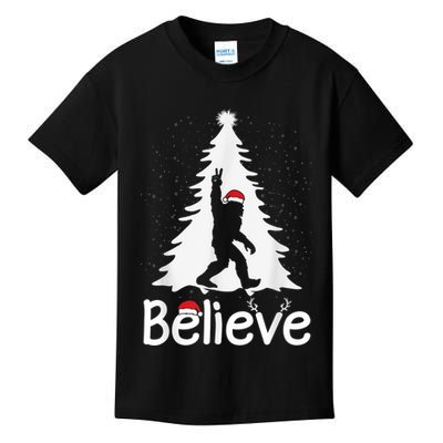 Believe Bigfoot Christmas Yetti Funny Xmas Tree Sasquatch Kids T-Shirt