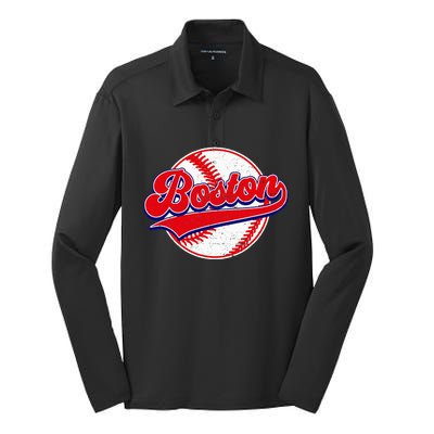 Boston Baseball Cityscape Distressed Women Silk Touch Performance Long Sleeve Polo