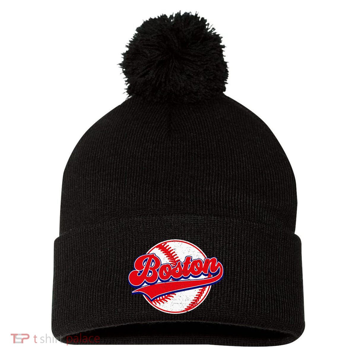 Boston Baseball Cityscape Distressed Women Pom Pom 12in Knit Beanie
