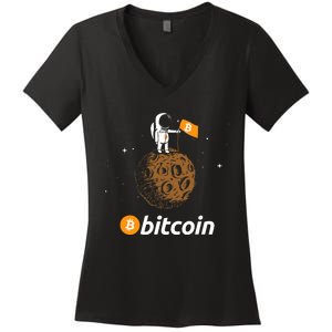 Bitcoin Btc Crypto To The Moon Featuring Astronaut Women's V-Neck T-Shirt