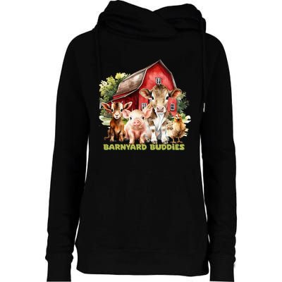 Barnyard Buddies Cute Cow Goat Pig Hen On The Farm Barnyard Womens Funnel Neck Pullover Hood