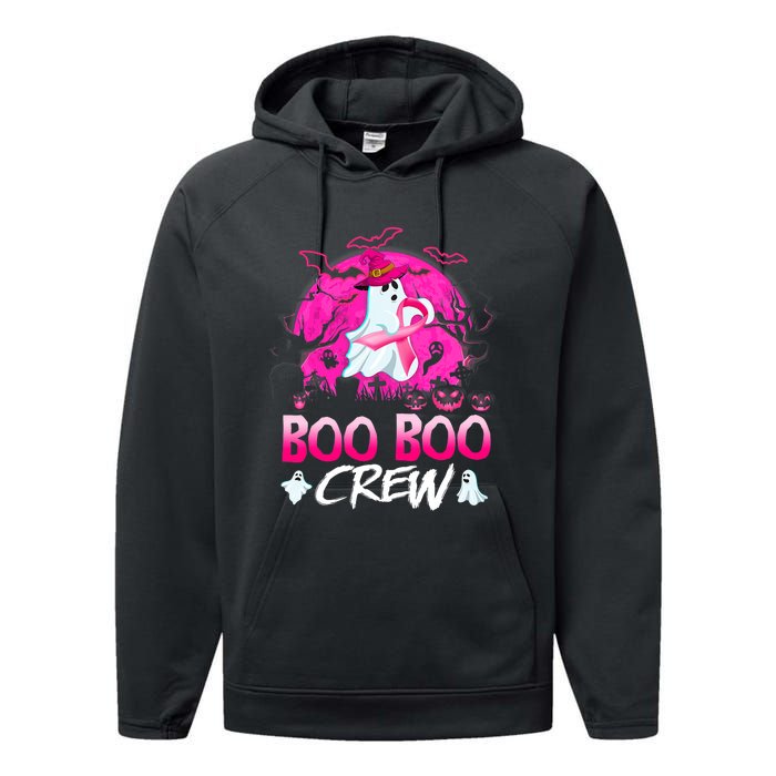 Boo Boo Crew Halloween Ghost Ribbon Breast Cancer Awareness Performance Fleece Hoodie