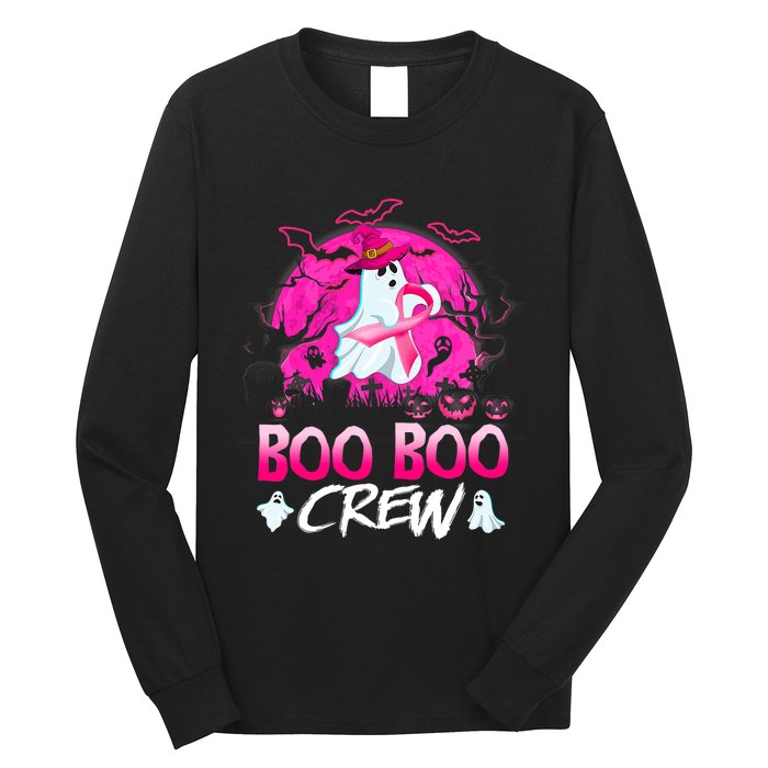 Boo Boo Crew Halloween Ghost Ribbon Breast Cancer Awareness Long Sleeve Shirt