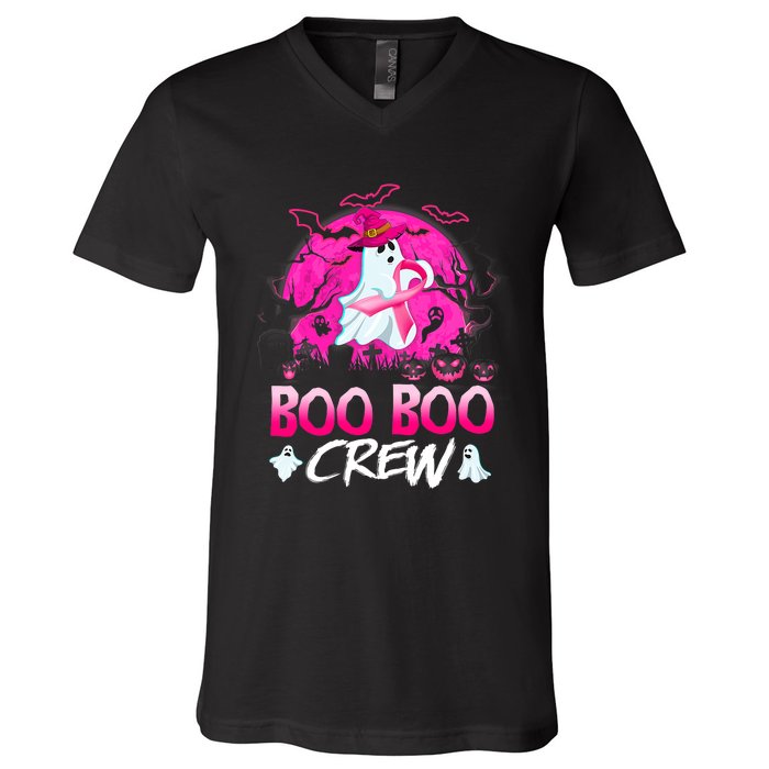 Boo Boo Crew Halloween Ghost Ribbon Breast Cancer Awareness V-Neck T-Shirt