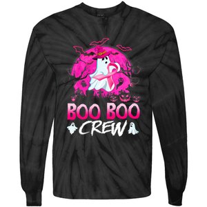 Boo Boo Crew Halloween Ghost Ribbon Breast Cancer Awareness Tie-Dye Long Sleeve Shirt