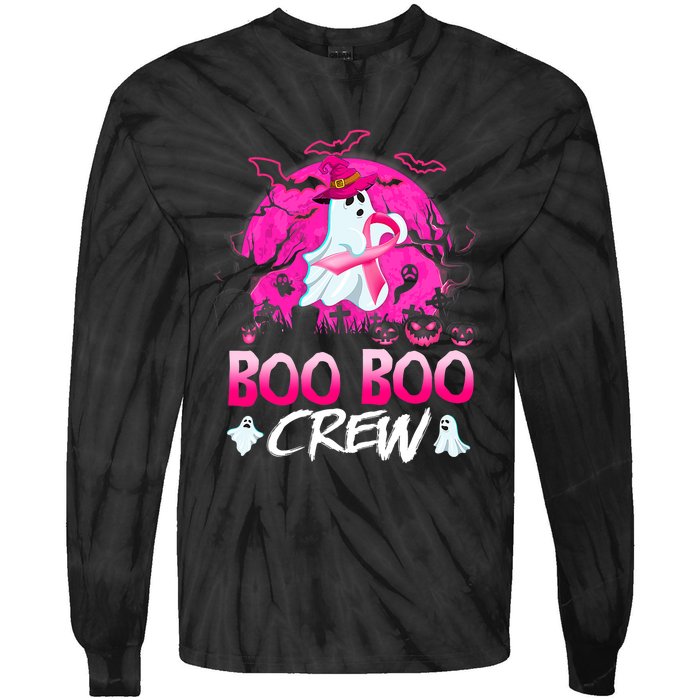 Boo Boo Crew Halloween Ghost Ribbon Breast Cancer Awareness Tie-Dye Long Sleeve Shirt