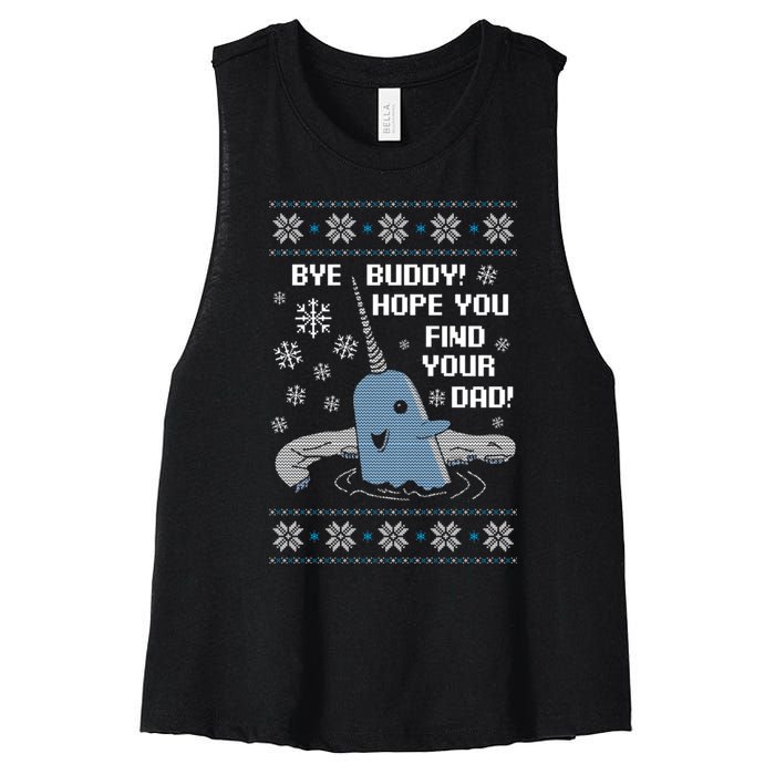 Bye Buddy Christmas , Hope You Find Your Dad Elf Narwhal Women's Racerback Cropped Tank