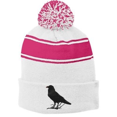 Beautiful Black Crow Raven Bird Silhouette Stripe Pom Pom Beanie