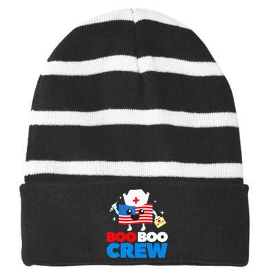 Boo Boo Crew American Flag Funny 4th Of July USA Nurse Gift Striped Beanie with Solid Band