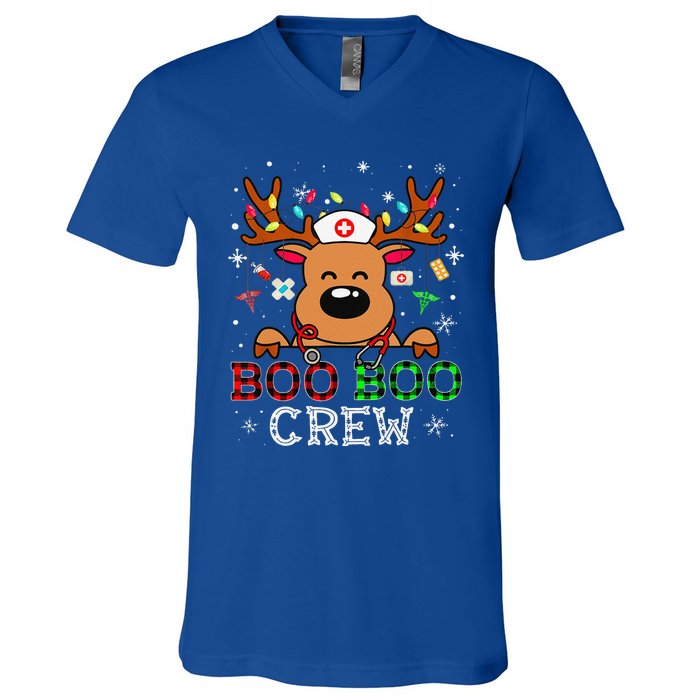 Boo Boo Crew Reindeer Nurse Buffalo Plaid Nurse Christmas V-Neck T-Shirt