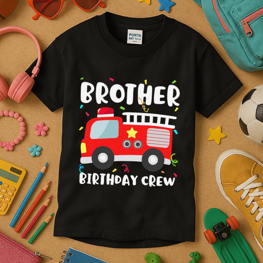 Brother Birthday Crew Fire Truck Party Firefighter Kids T-Shirt