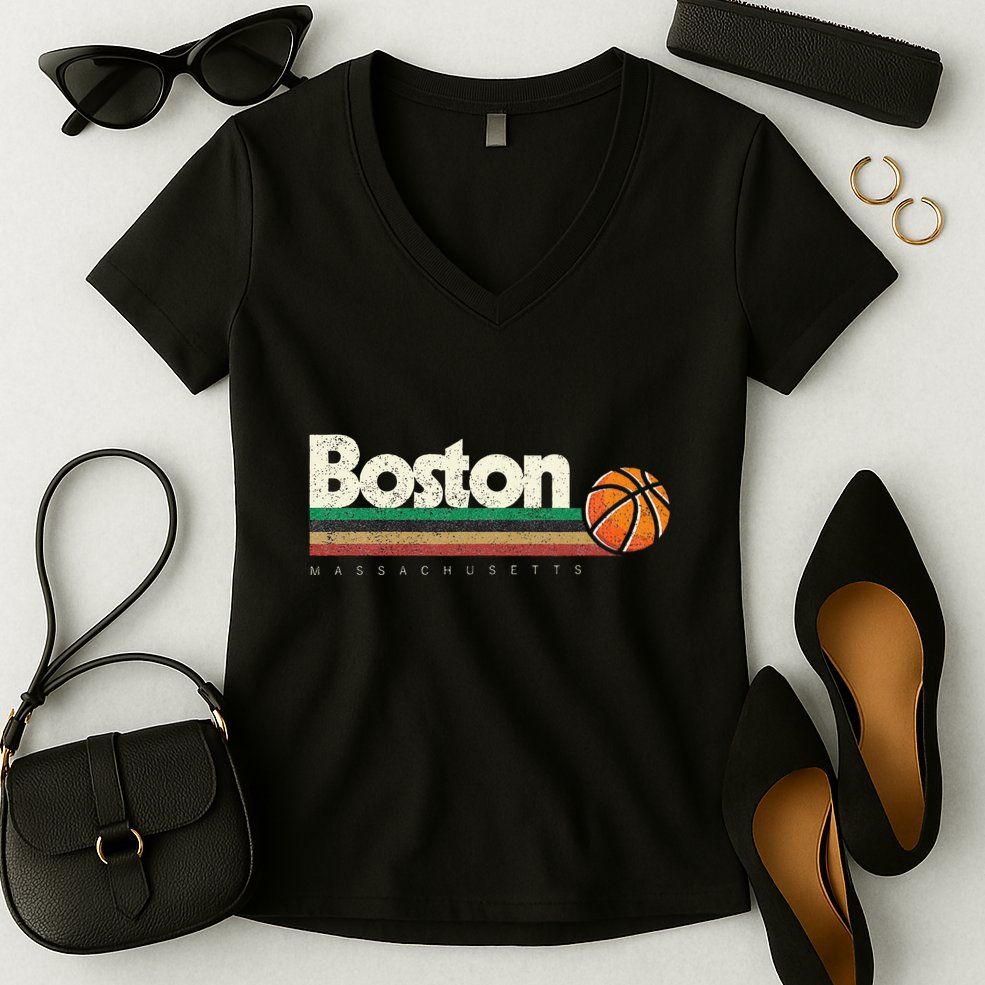 Basketball Boston City Bball Retro Stripes Women's V-Neck T-Shirt