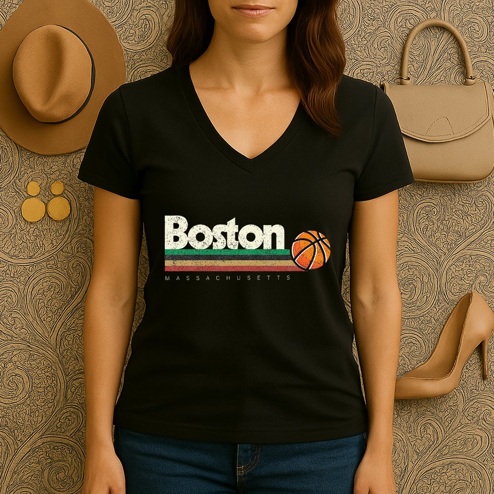 Basketball Boston City Bball Retro Stripes Women's V-Neck T-Shirt