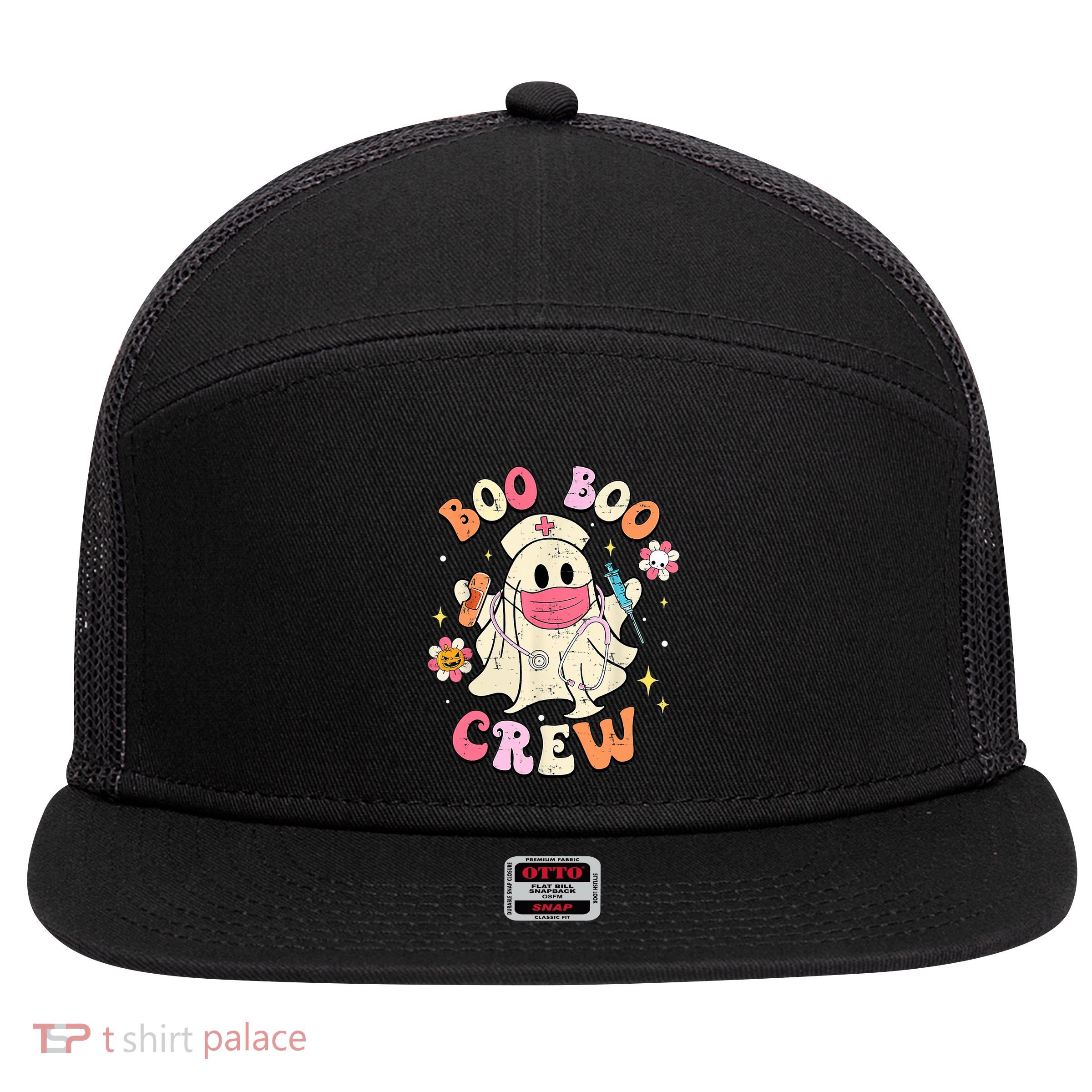 Boo Boo Crew Halloween Ghost Nurse Groovy 7 Panel Mesh Trucker Snapback Hat