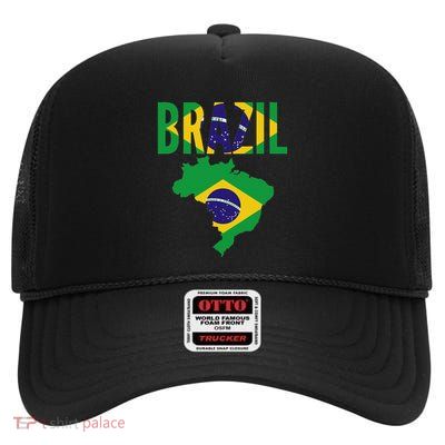Brazilian Brazil Country Map Flag High Crown Mesh Back Trucker Hat