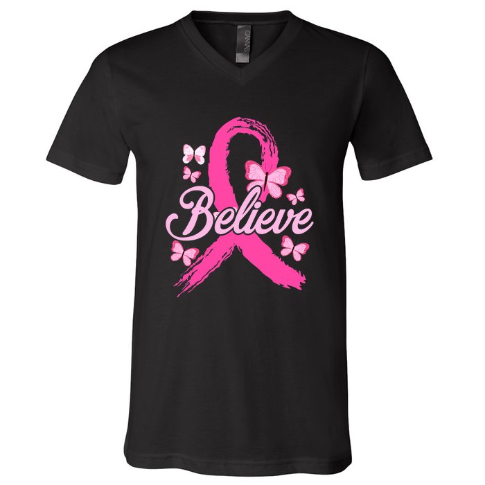 Believe Breast Cancer Awareness Month Breast Cancer V-Neck T-Shirt