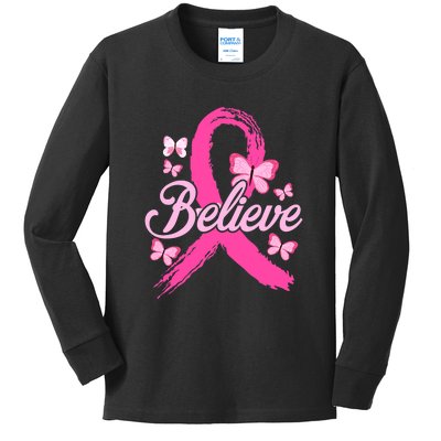 Believe Breast Cancer Awareness Month Breast Cancer Kids Long Sleeve Shirt