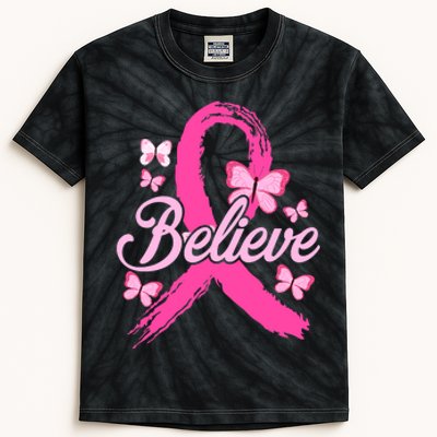 Believe Breast Cancer Awareness Month Breast Cancer Kids Tie-Dye T-Shirt