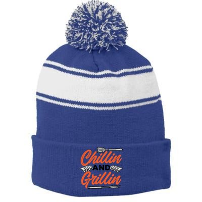 Bbq Barbeque Chillin And Grillin Funny Gift Stripe Pom Pom Beanie