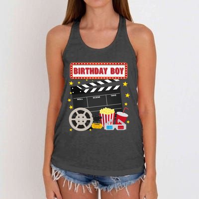 Birthday Boy Crew Movie Night Theme Matching Party Women's Knotted Racerback Tank