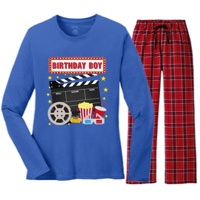 Birthday Boy Crew Movie Night Theme Matching Party Women's Long Sleeve Flannel Pajama Set 