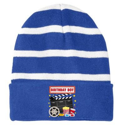 Birthday Boy Crew Movie Night Theme Matching Party Striped Beanie with Solid Band