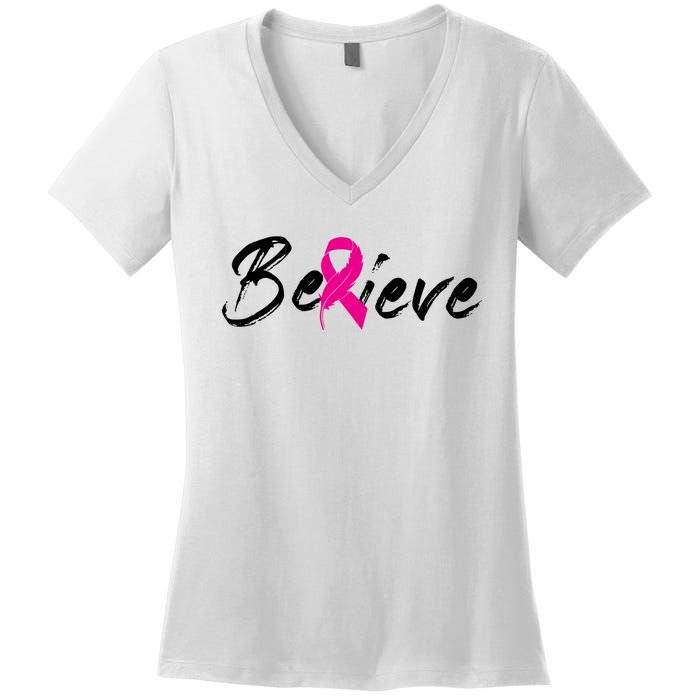 Believe Breast Cancer Awareness Month Women's V-Neck T-Shirt