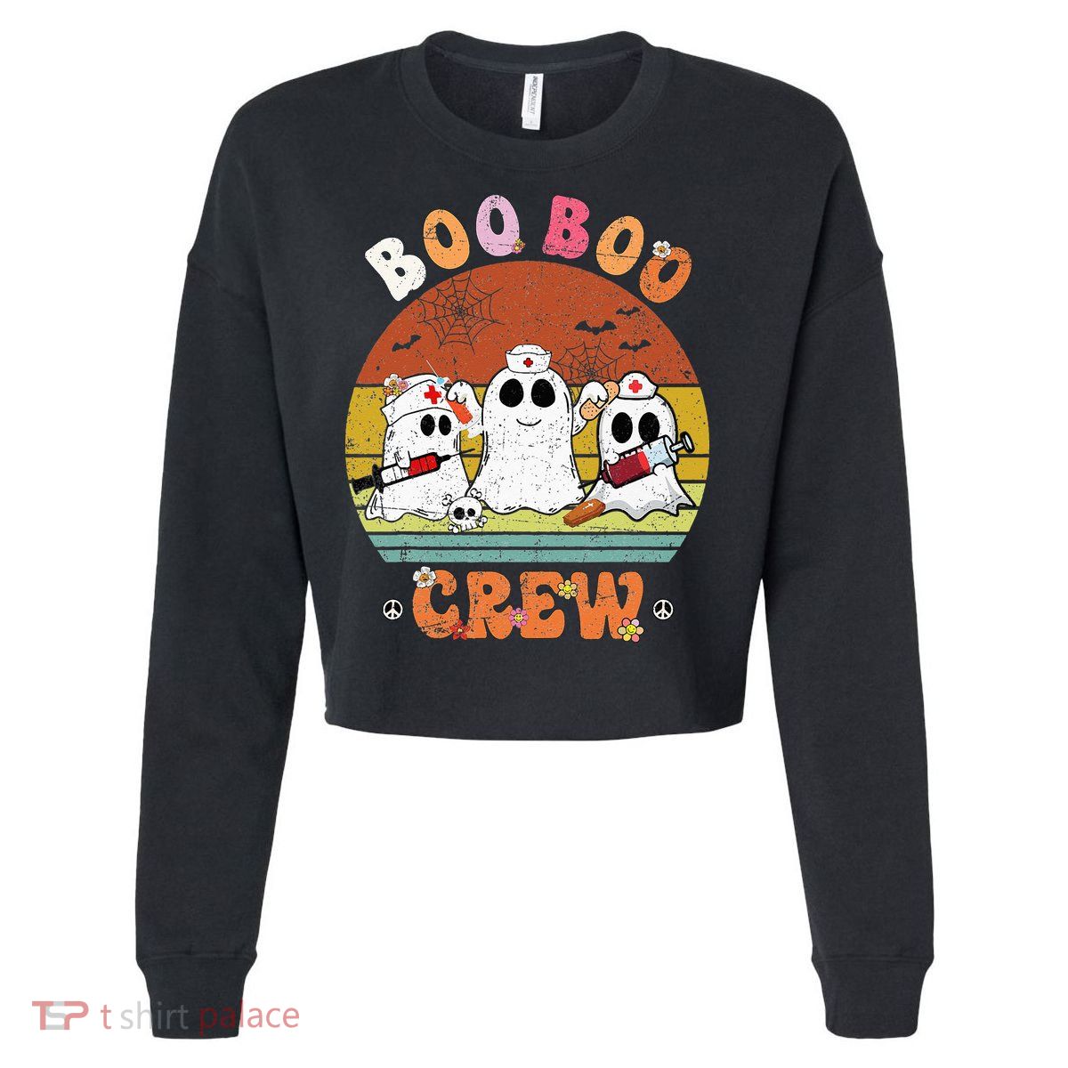 Boo Boo Crew Nurse Ghost Funny Halloween Costume Matching Cropped Pullover Crew