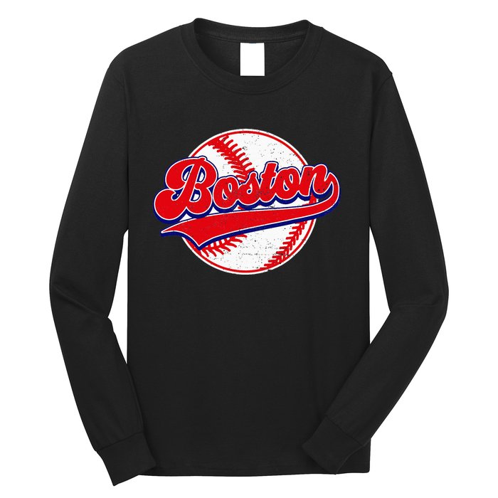 Boston Baseball Cityscape Distressed Women Long Sleeve Shirt