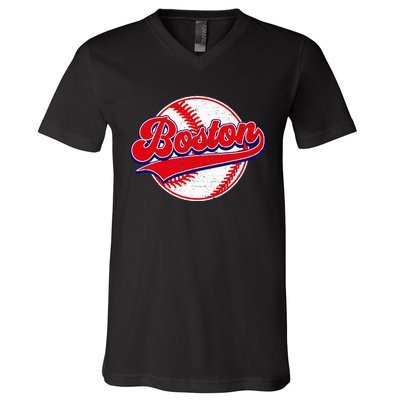 Boston Baseball Cityscape Distressed Women V-Neck T-Shirt