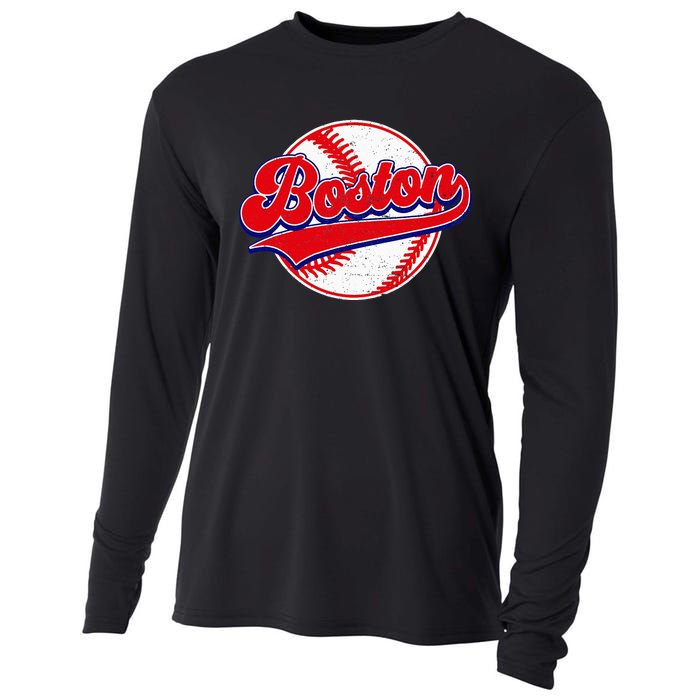 Boston Baseball Cityscape Distressed Women Cooling Performance Long Sleeve Crew