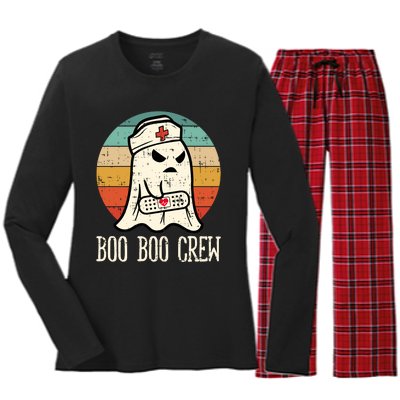 Boo Boo Crew Shirt Funny Halloween Nurse Retro Cute Ghost Women's Long Sleeve Flannel Pajama Set 