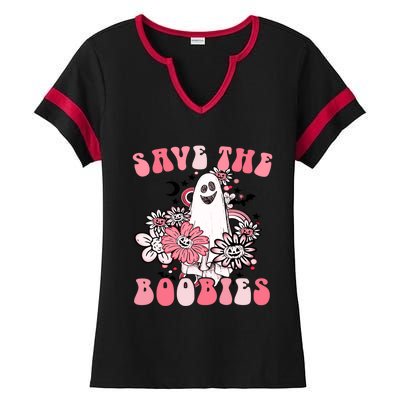 Boobees Breast Cancer Boho Groovy Ghost Save The Boo Bees Gift Ladies Halftime Notch Neck Tee