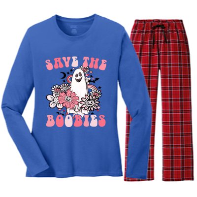 Boobees Breast Cancer Boho Groovy Ghost Save The Boo Bees Gift Women's Long Sleeve Flannel Pajama Set 