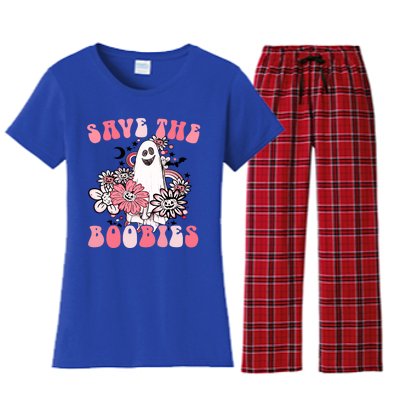 Boobees Breast Cancer Boho Groovy Ghost Save The Boo Bees Gift Women's Flannel Pajama Set