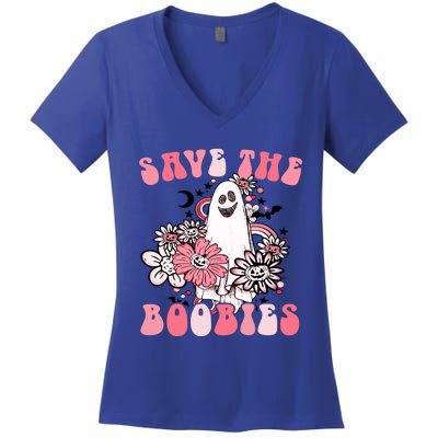 Boobees Breast Cancer Boho Groovy Ghost Save The Boo Bees Gift Women's V-Neck T-Shirt