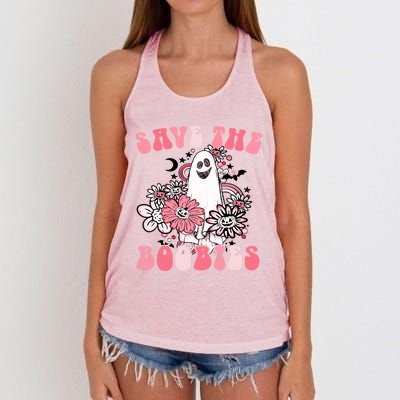 Boobees Breast Cancer Boho Groovy Ghost Save The Boo Bees Gift Women's Knotted Racerback Tank