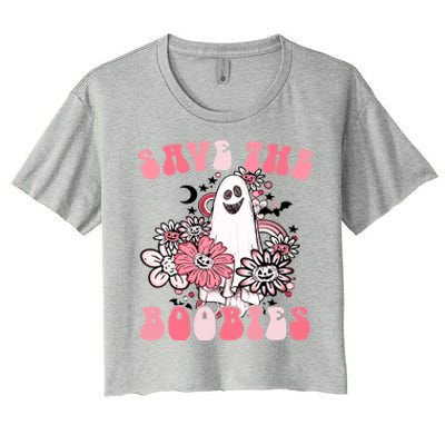 Boobees Breast Cancer Boho Groovy Ghost Save The Boo Bees Gift Women's Crop Top Tee