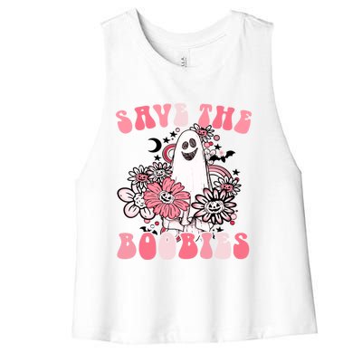 Boobees Breast Cancer Boho Groovy Ghost Save The Boo Bees Gift Women's Racerback Cropped Tank