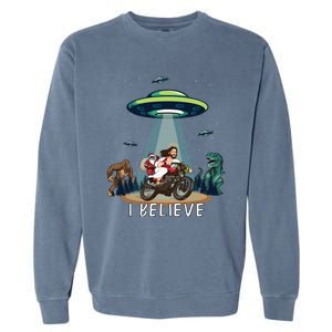 Believe Bigfoot Dinosaur Santa And Jesus Riding Bike Christmas Gift Garment-Dyed Sweatshirt