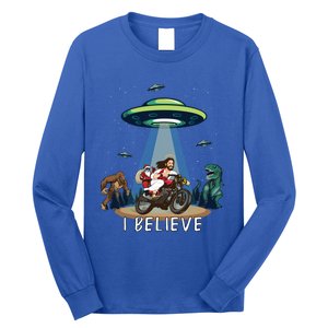 Believe Bigfoot Dinosaur Santa And Jesus Riding Bike Christmas Gift Long Sleeve Shirt